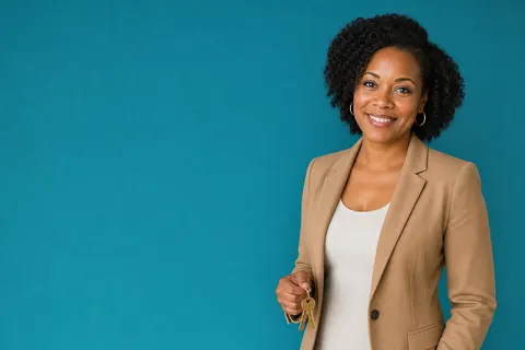 A smiling real estate agent in a camel blazer holding house keys against a teal wall