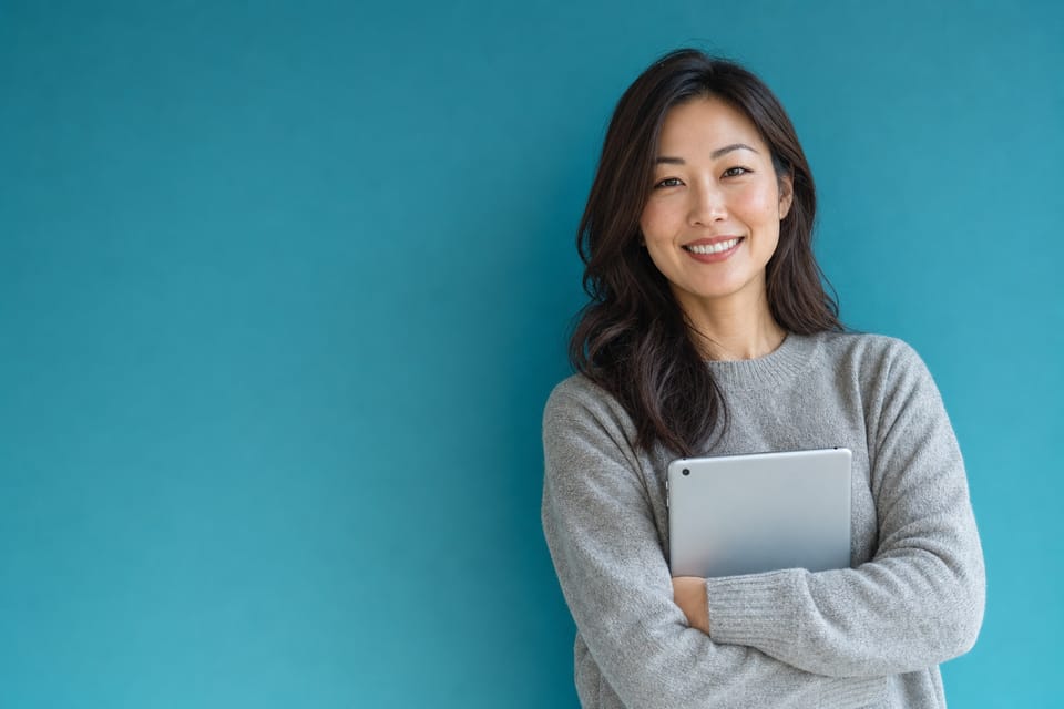 A real estate agent in a grey sweater holding a tablet against a teal wall