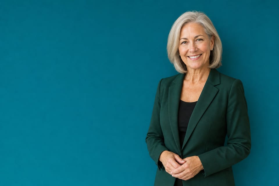 A silver-haired real estate broker in a green blazer against a teal wall