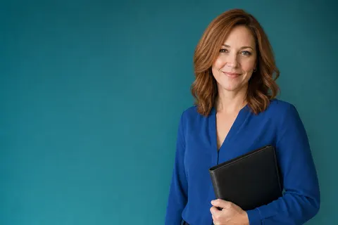 A real estate broker in a cobalt blouse holding a leather folio against a teal wall