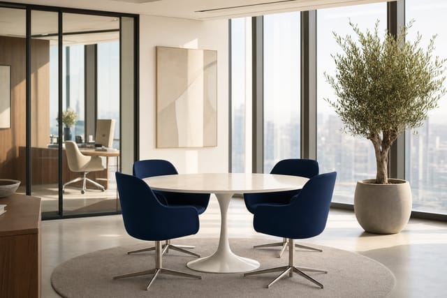 An empty meeting table in a bright brokerage office