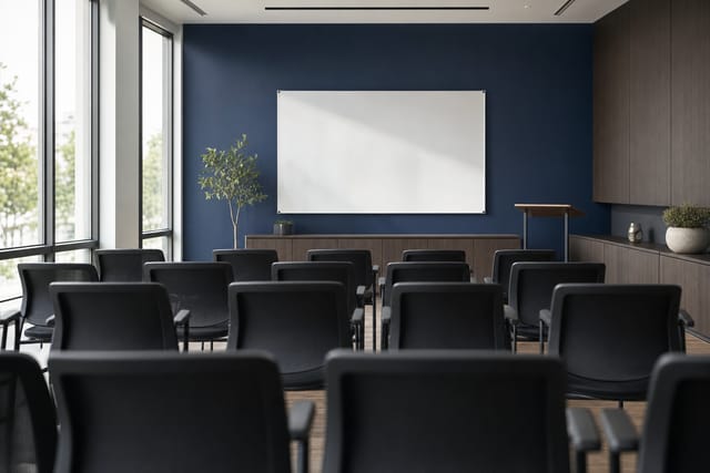 An empty training room facing a blank whiteboard
