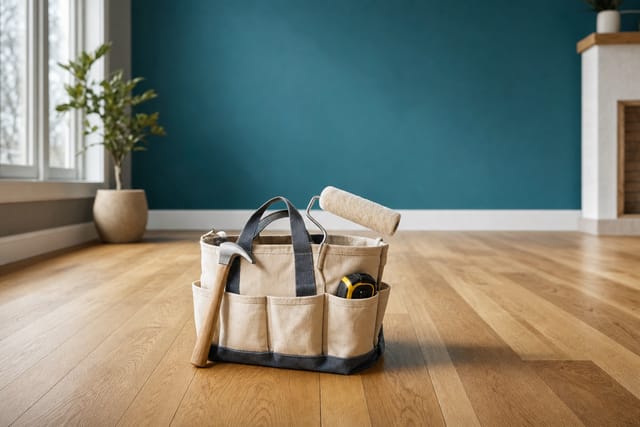A tool bag on fresh floorboards in an empty living room
