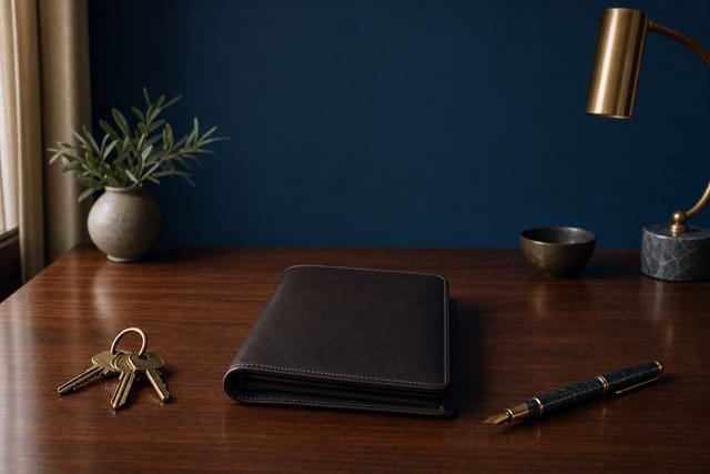 House keys and a leather folio on a walnut desk