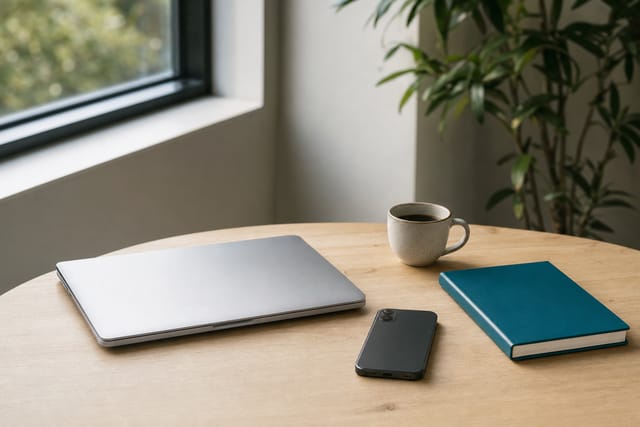 A closed laptop and phone on a wooden desk