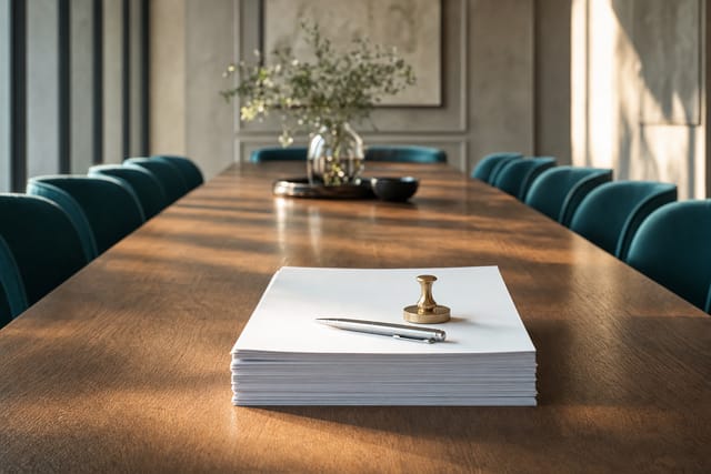 Blank closing documents and a pen on a conference table