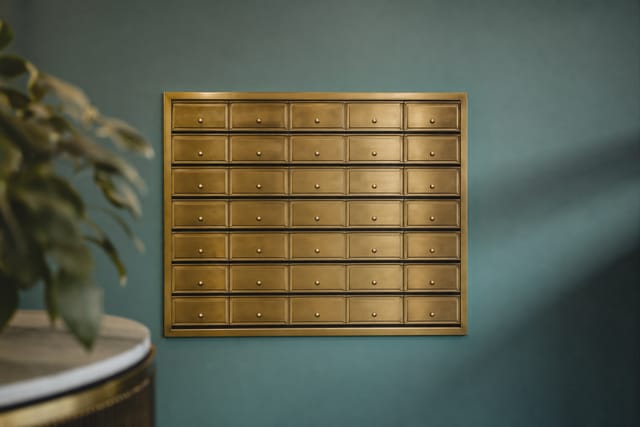 A wall of blank brass mailboxes set in a teal wall