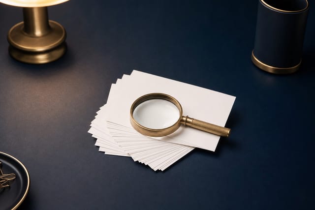 A magnifying glass over a stack of blank index cards