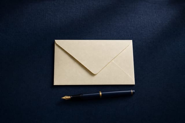 A blank envelope and a fountain pen on navy linen